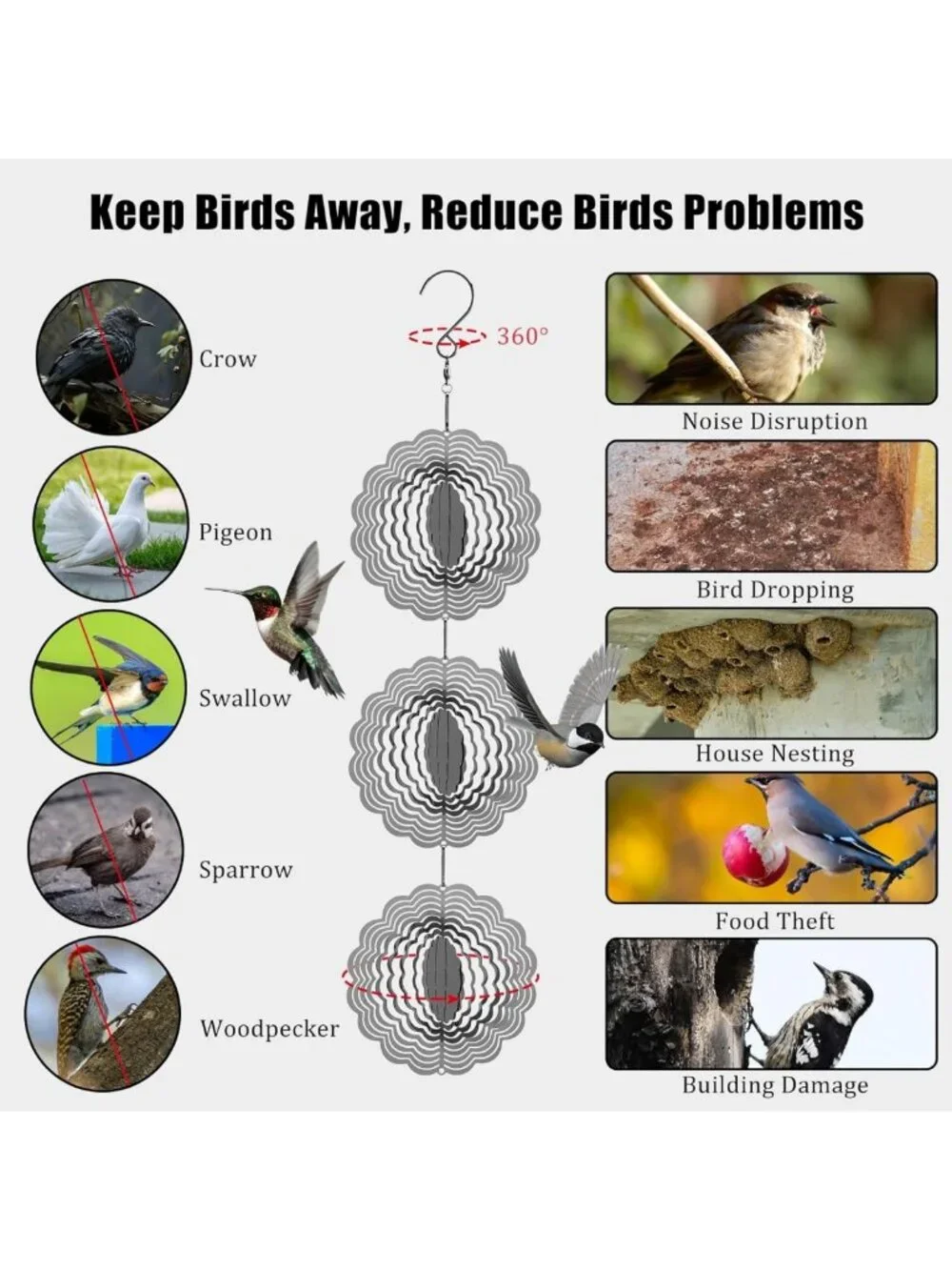 Reflective Stainless Steel Bird Deterrents for Patio - 3D Wind Spinners & Scare